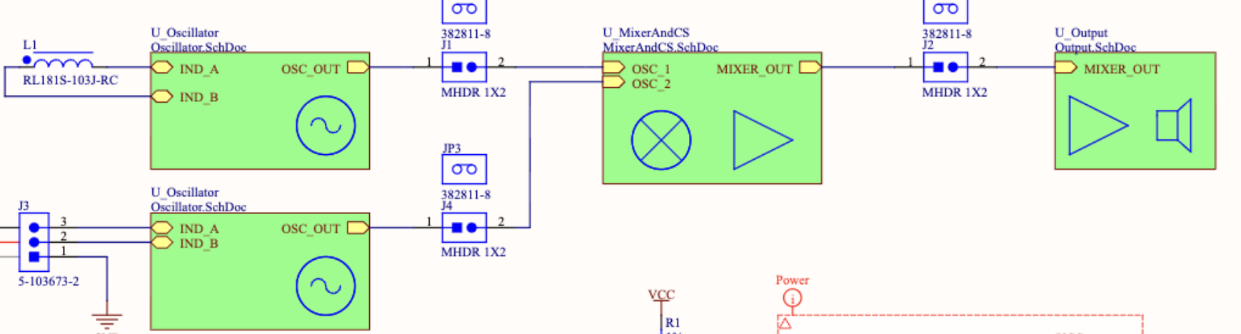 Top-level Altium schematic showing the two oscillator sheets feeding the mixer and output stages.