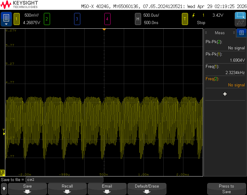 Oscilloscope capture at the second common-source amplifier.