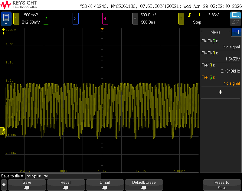 Oscilloscope capture at the source-follower output stage.